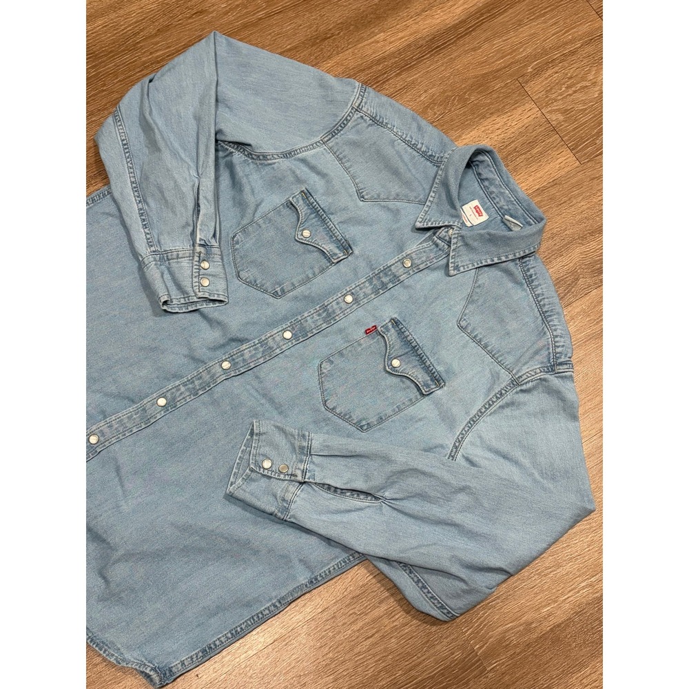 Levis Mens Light Wash Denim Western Pearl Snap Shirt Standard Fit Large